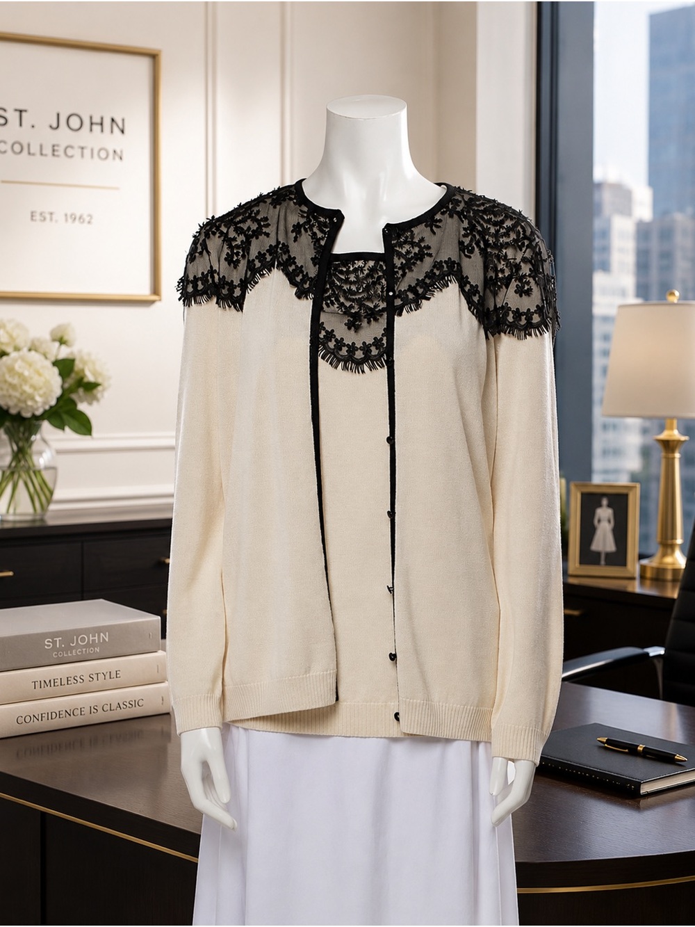 St. John Collection Cream & Black Lace Sweater Cardigan Set – Size M (US 6) - Picture 11 of 11